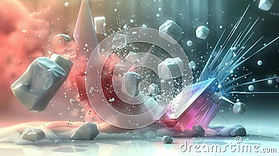 A dynamic explosion of colorful crystals and rocks, creating a surreal visual effect Stock Photo