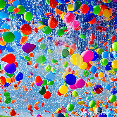 A dynamic explosion of colorful water balloons, frozen in mid-air, creating a playful and energetic scene3, Generative AI Stock Photo
