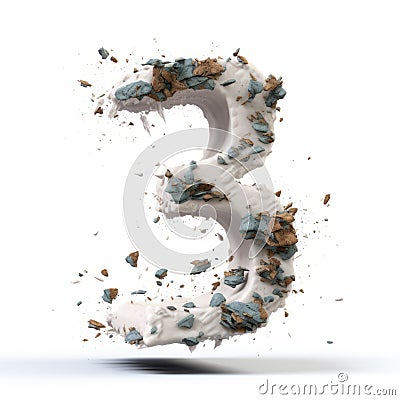 Exploded 3d Rendering Of Number Three In White And Bronze Stock Photo