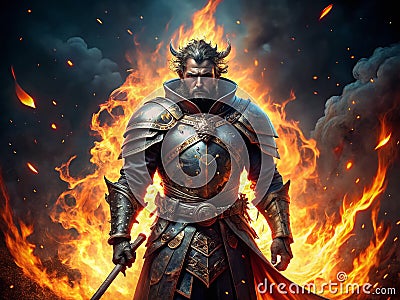 Dynamic Fantasy Warrior Loop Animation A Fiery Epic Hero in Gleaming Armor Masterfully Composed for Dramatic Stock Photo