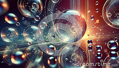 Dynamic floating glass orbs with glowing inner cores and refracted light patterns scattered over a reflective surface designed Stock Photo