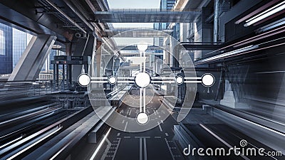 Dynamic flowchart-inspired system design urban environment digital art futuristic viewpoint innovative conceptualization Cartoon Illustration