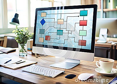 Dynamic Flowchart Visualization on a Sleek Computer Screen A Complex Process Diagram for Business Analysis and Stock Photo