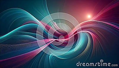 An abstract image featuring dynamic, flowing lines with a gradient of turquoise and fuscia colors, conveying elegance and fluidity Stock Photo