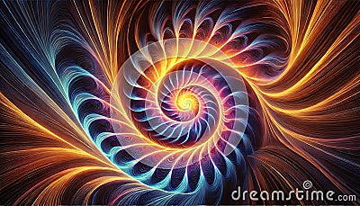Dynamic fractal patterns in neon gradients, spiraling endlessly into a glowing central core created using generative AI for Stock Photo