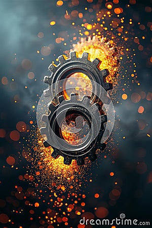 Dynamic gears in motion creating sparks on a blurred background, providing space for text placement Stock Photo