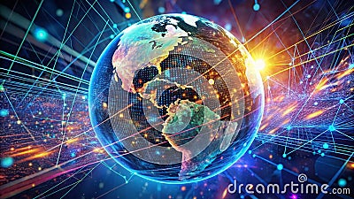 Dynamic Global Network Visualization A Futuristic Exploration of Interconnected Data Flows Across the Globe Stock Photo