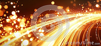 Dynamic golden light trails with sparkling bokeh effects creating a vibrant, energetic atmosphere, copy space for text Stock Photo