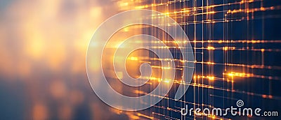 Dynamic grid of glowing orange lines forming a futuristic data network, symbolizing technological innovation, digital transform Cartoon Illustration