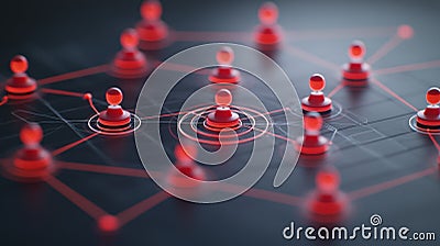 Dynamic grid of red miniature figures standing on nodes connected by thin white lines, symbolizing organizational mapping, stra Cartoon Illustration