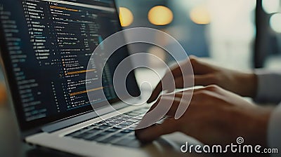 Dynamic hands engaged in coding a close-up of a developer typing on a laptop keyboard with complex code on screen Stock Photo