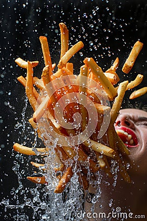 Dynamic High Speed Photography of Person with Mouth Open Catching Flying French Fries Amidst Splashing Water Stock Photo