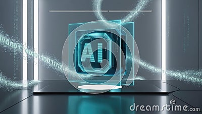 dynamic hologram of AI algorithm in futuristic setting, surrounded by streams of binary code, representing advanced technology and Stock Photo