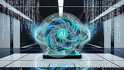 dynamic hologram of AI algorithm surrounded by swirling streams of binary code creates futuristic atmosphere. vibrant colors and Stock Photo