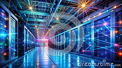 Dynamic Hologram Visualization of a Data Center Network Unveiling Complex Server Room Topology Through Long Exposure Stock Photo