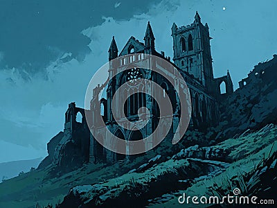 A Ruined Abbey on the Hilltop, 1950s Comic Style Illustration, AI Generative Cartoon Illustration