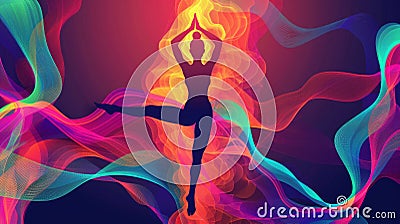 Vibrant Yoga Pose Amidst Abstract Energetic Background Cartoon Illustration