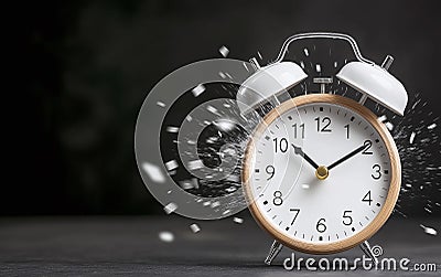 A dynamic image of a broken alarm clock, symbolizing urgency and the passage of time with flying shards Stock Photo
