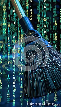 Dynamic image of a broom sweeping away binary code, symbolizing data cleansing and cybersecurity Stock Photo