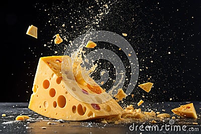 Dynamic Image of a Cheddar Cheese Wedge Exploding Against a Black Background - generated by ai Stock Photo