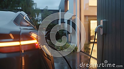 generic ev hybrid car being powered up via wallbox at a modern residential house Stock Photo