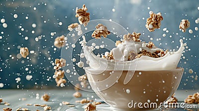 Dynamic image with granola exploding from milk splash Stock Photo