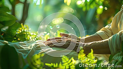Dynamic image of a Reiki healer's hands hovering above a client's body, with a hovering jade crystal focusing on Stock Photo