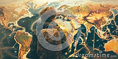 Dynamic image of a traveler exploring a world map filled with different objects, awakening wanderlust Stock Photo