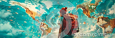 Dynamic image of a traveler exploring a world map filled with different objects, awakening wanderlust Stock Photo