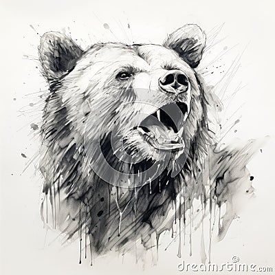 Dynamic Ink Drawing Of A Bear With Exaggerated Facial Expressions Cartoon Illustration
