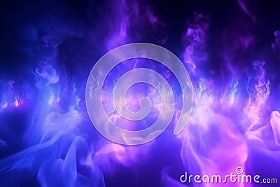 Dynamic interplay of purple and blue searchlights in a smoky abyss. Stock Photo