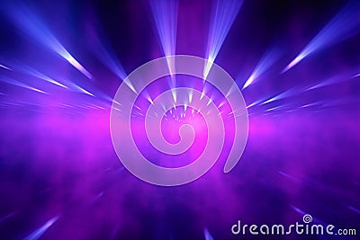 Dynamic interplay of purple and blue searchlights in a smoky abyss. Stock Photo