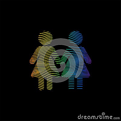 Dynamic line wave LGBTQ+ sexual identity pride concept. Rainbow colors female and female symbol on black background Stock Photo