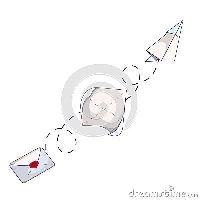 Dynamic of love letter to a paper plane on white isolated background, vector letter, sheet and paper airplane in Cartoon style, Vector Illustration