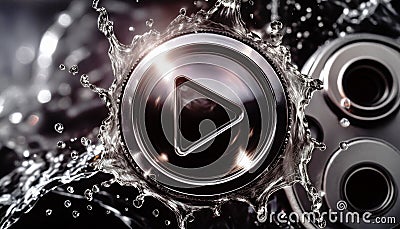 Dynamic metallic play button submerged in splashing water Stock Photo