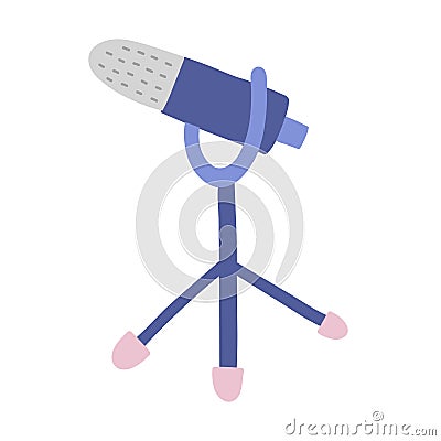 Dynamic microphone on stand, device for broadcasting and recording audio program, isolated doodle icon, trendy hand Vector Illustration