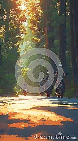 Dynamic motorcycle squad speeds along a forested road, creating excitement Stock Photo