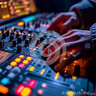 Dynamic music control Hands expertly manipulate the DJ console Stock Photo