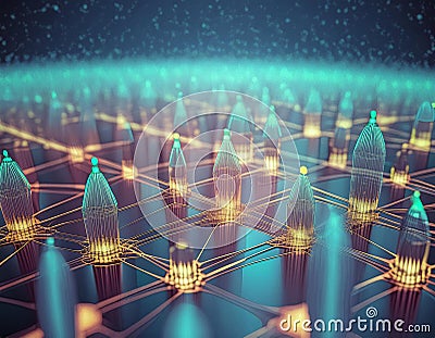 A dynamic neural network pulses through a cybernetic grid Stock Photo