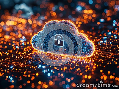 Dynamic orange and blue particle cloud with a lock symbol, symbolizing innovative cloud technology, data encryption, and futuri Cartoon Illustration