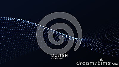 Dynamic particles wave flowing over dark. Beautiful wave shaped array of glowing dots. Vector Illustration