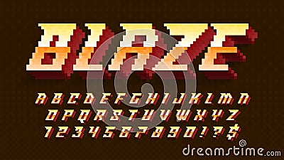 Dynamic pixel alphabet design, stylized like in 8-bit games. High contrast and sharp, retro-futuristic. Vector Illustration