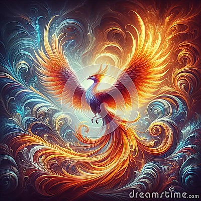 A dynamic portrayal of a phoenix with glowing feathers and intricate patterns. Stock Photo