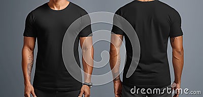Dynamic presentation, black t-shirt mockup on gray background with strong man Front and back Stock Photo
