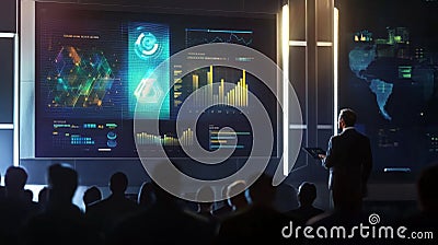 Dynamic Presentation Scene with Speaker and Data Visualizations Stock Photo