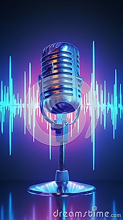 Dynamic retro concert 3D mic against equalizer lines, vibrant atmosphere Stock Photo