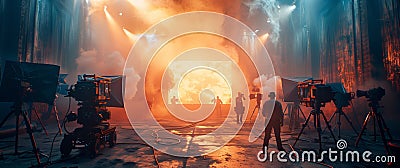 A dynamic scene of an AI-powered movie studio where advanced AI technology assists in scriptwriting, directing, and production. Stock Photo