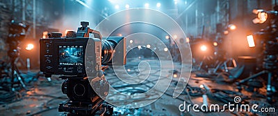 A dynamic scene of an AI-powered movie studio where advanced AI technology assists in scriptwriting, directing, and production. Stock Photo