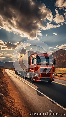 A dynamic scene of cars and trucks on a modern highway, with vehicles in motion, under a bright blue sky, showcasing the fast- Stock Photo