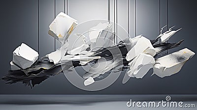 Dynamic scene of colliding stones. Abstract background for graphic design. Composition of various flying objects Stock Photo